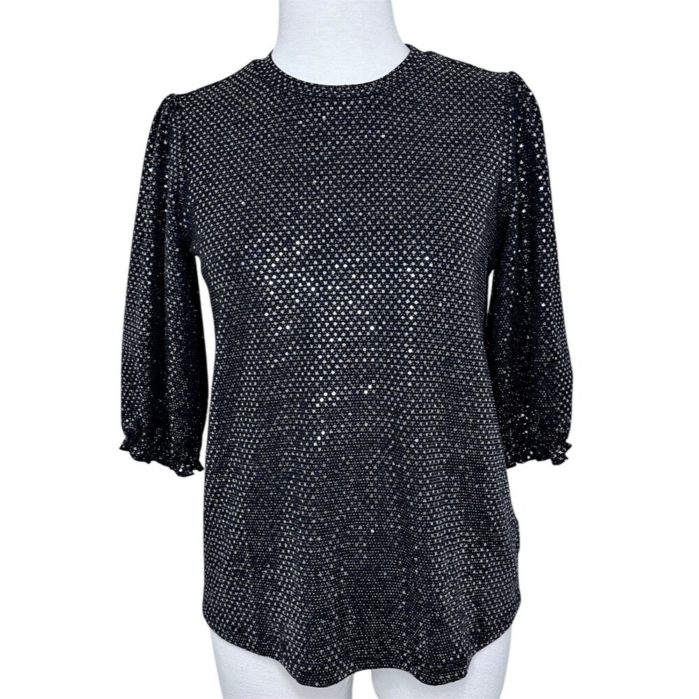 Nanette Lepore Black Metallic Dot Top XS Sparkle Evening Blouse Shimmer Shirt